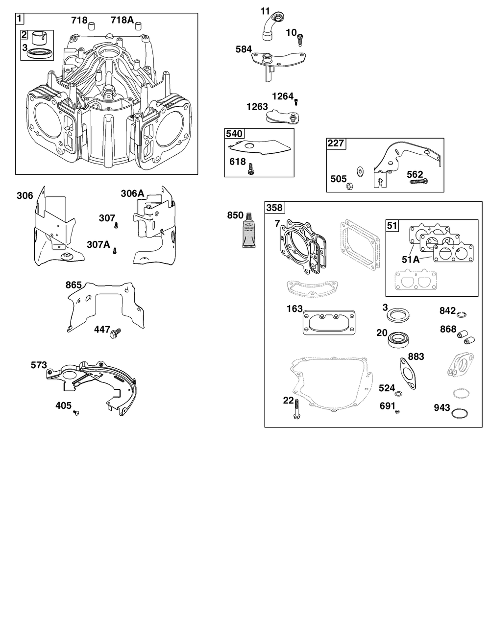 Cylinder Group Diagram and Parts List for 44S977-0051-G1 400000 - 699999 Briggs and Stratton Engine